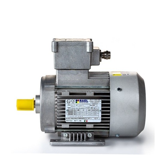 Motor eléctrico trifásico ATEX antiexplosivos, carcasa aluminio, 0.18kW/0.25CV, 1500 rpm, 63B3 (ØEje motor 11 mm) 220/380V, IP66 IE2, Zona 21